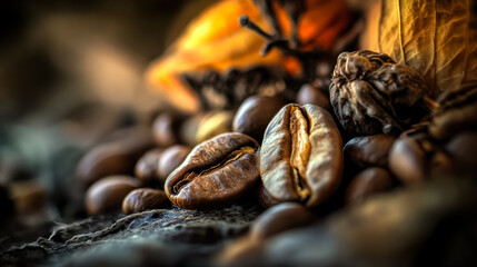 Obraz premium Richly roasted coffee beans nestled among dark roasted grounds and autumn leaves in a warm, inviting atmosphere