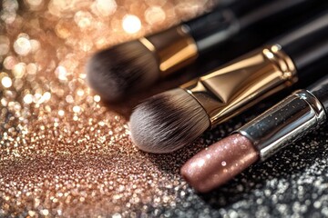 Professional nail brushes displayed on a sparkling surface. Generative AI