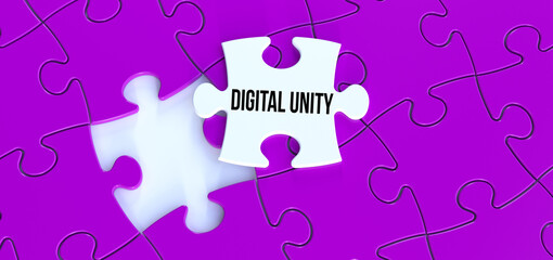 Digital Unity text message on puzzle. White piece puzzle and purple background 3D rendering