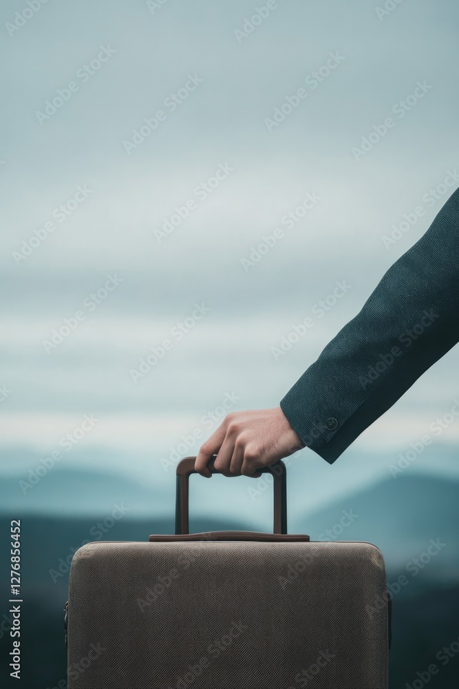Poster close-up of hands gripping handle of worn-out suitcase symbolizing journey of migration