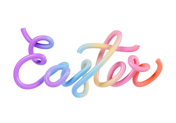 Obraz premium 3D Easter lettering made of colorful twisted plastic tubes, isolated on white background. Bright holiday typography for festive spring celebrations, greeting cards, banners, and decorative designs