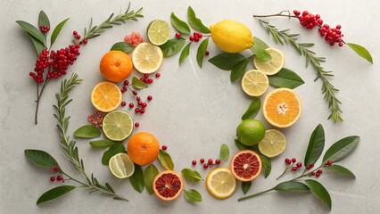 Citrus and Herb Ring Flatlay Vibrant Sliced Fruits, Greenery and Berries Composition, Food Photography, Recipe Citrus fruits, herbs