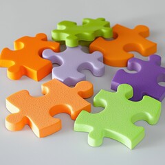 Obraz premium Close-up shot of colorful foam jigsaw puzzle pieces arranged on a light gray background, representing connection and problem-solving skills.
