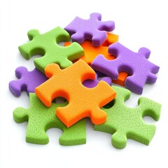 Obraz premium Close-up of brightly colored jigsaw puzzle pieces piled together on a white background, representing teamwork and problem-solving skills.