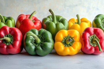 A colorful array of fresh bell peppers in red, green, and yellow, neatly arranged and showcasing their vibrant hues, perfect for healthy eating concept and culinary projects.