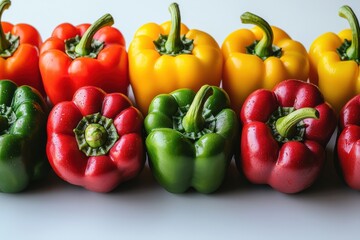 A vivid display of fresh, colorful bell peppers in red, yellow, and green, arranged in a neat line, highlighting their vibrant colors and healthy appeal.