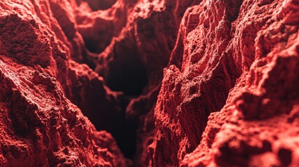 A stunning view of rugged, vivid red crags within a deep crater, showcasing the unique textures and colors found in this striking geological formation.