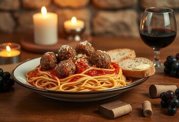 Plate of spaghetti with meatballs and garlic bread