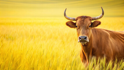 Summertime serenity brown cow in golden wheat field rural landscape nature photography vibrant atmosphere