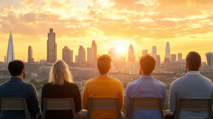 Fototapeta premium Group enjoying sunset cityscape view, London skyline in golden hour. Captivating urban experience, iconic skyscrapers, perfect evening relaxation.
