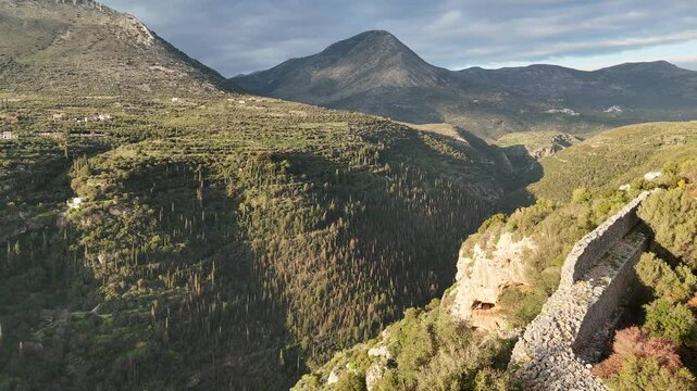 Aerial view of Kelefa Castle and its tower and walls during sunset, Mani, Laconia, Greece.