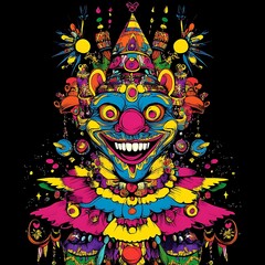 Psychedelic clown graphic design, vibrant colors, party theme, art print