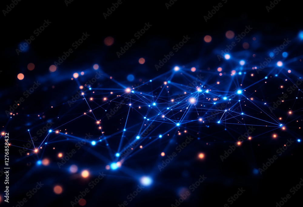 Poster futuristic glowing blue network or digital grid with interconnected points, representing data flow o