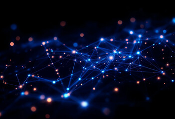 Futuristic glowing blue network or digital grid with interconnected points, representing data flow or technology background
