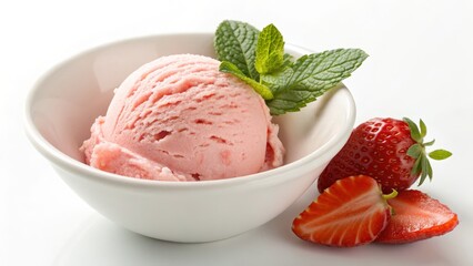 Strawberry Ice Cream Scoop in Bowl with Mint and Sliced Strawberries, Food Photography, Dessert Strawberry, Ice Cream