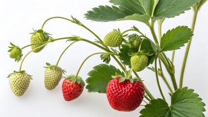 Strawberry Plant Growth Stages Red and Green Berries, Close-up, White Background, Nature Photography, Fruit Development, Farming, Agriculture Strawberry