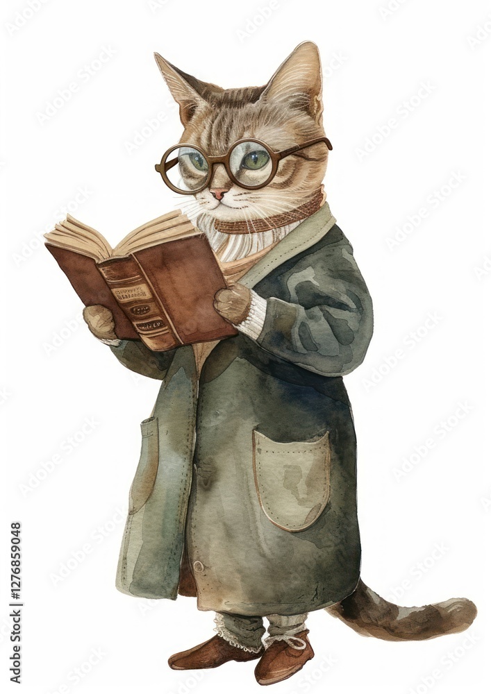 Poster Cat reading book watercolor clothing animal mammal.