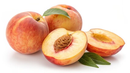 Three Nectarines with Leaves Composition, Close-up, Fresh Fruit, White Background, Still Life Photography. Nectarine, Fruit