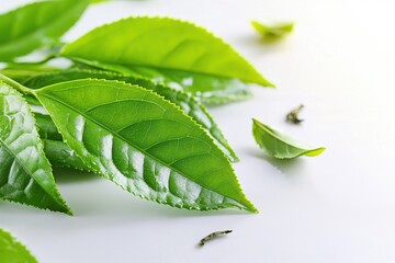 Fresh green tea leaves on white background, close up shot of tea cultivation with vibrant colors and natural light highlighting the leaf texture and freshness.
