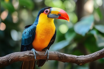 Fototapeta premium Vibrant Bird Perched on Branch Surrounded by Lush Green Foliage in Bright Natural Setting