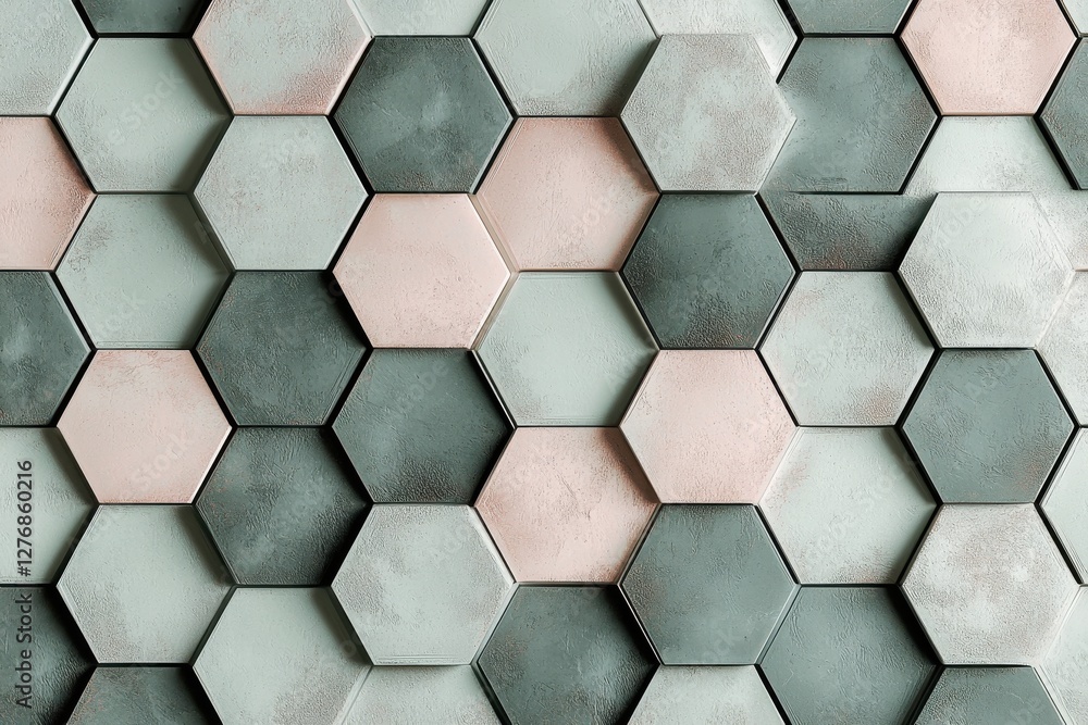 Poster an abstract background pattern of pastel colored hexagonal tiles, arranged in a seamless honeycomb s