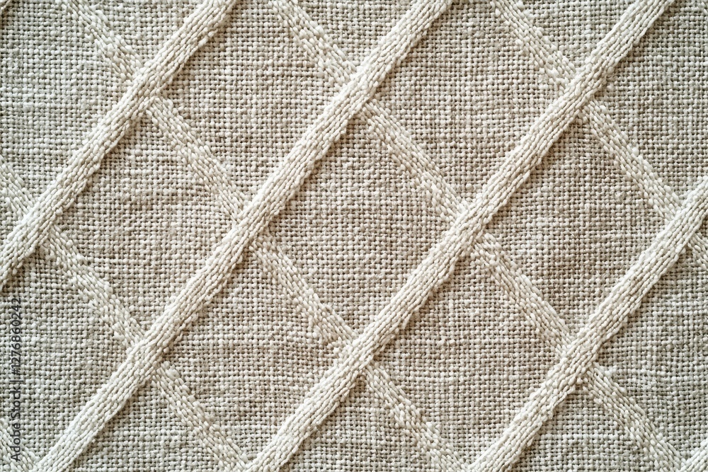 Poster close-up of a neutral beige woven fabric with a raised diamond pattern, showcasing the texture and i
