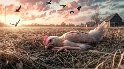 A lonely chicken lays peacefully in an open field, representing solitude, reflection, and the beauty of simple, tranquil moments within nature's embrace.