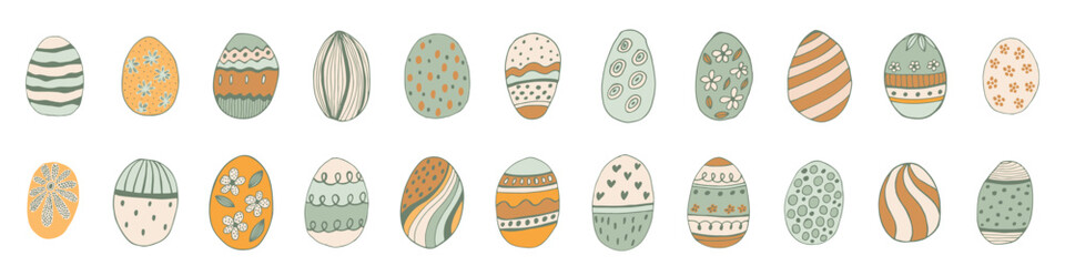 Painted colored eggs big set. Colored eggs isolated on white background. Traditional image for Easter holiday. Easter. Holiday. Vector illustration.