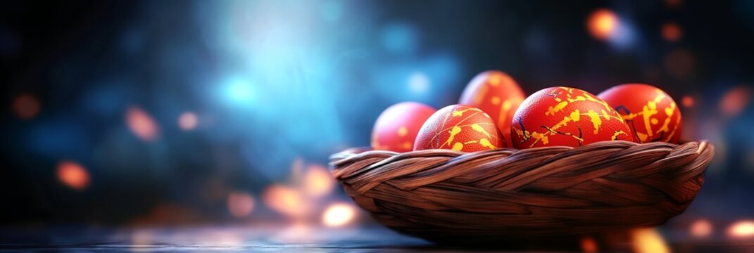 a basket filled with red and yellow eggs on top of a table next to a blue light