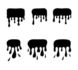 Drips of liquid and paint dripping with splashes. A set of black silhouette of spilled ink. Simple graphic illustration, hand-drawn, vector, flat design. Decorative element for decoration, design