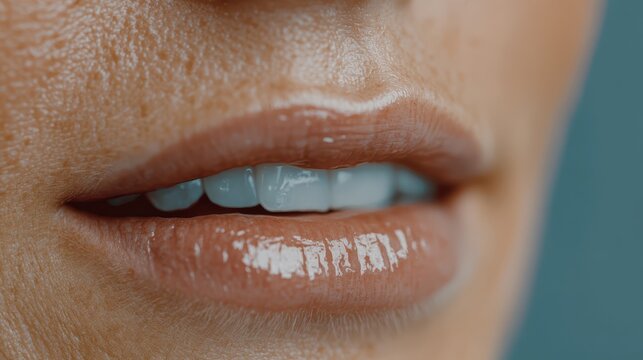A close-up of natural lips with a glimmering shine portrays a sense of freshness and vitality, inviting the viewer to appreciate natural beauty and simplicity.