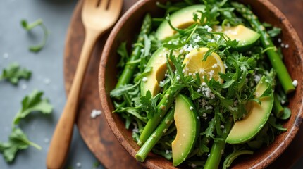 Asparagus salad with arugula and avocado, served in a rustic wooden bowl, earthy tones, bright daylight, overhead view, fresh and healthy look.