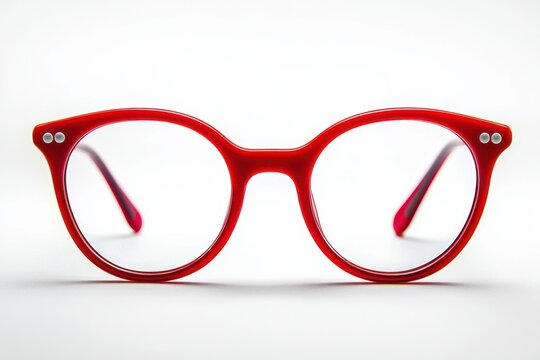 A vibrant close-up of round red eyeglasses set against a pristine white background, ideal for illustrating vision care, fashion accessories, and eye health awareness concepts. - Powered by Adobe