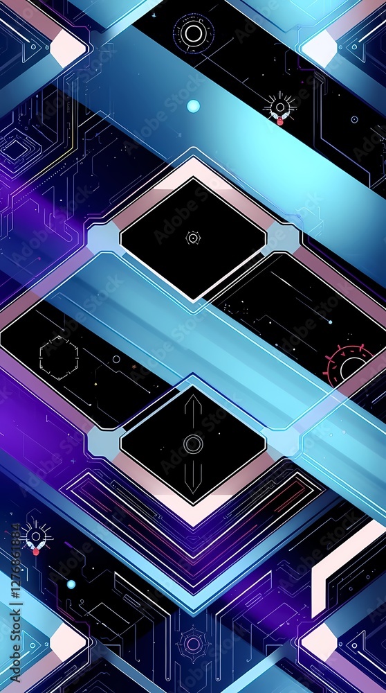 Poster colorful geometric patterns with futuristic designs and technological elements in vibrant shades. ge