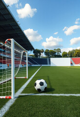 football stadium with goal and soccer ball, side view, sport concept