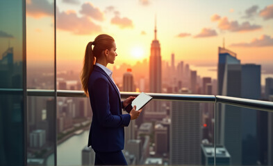 business woman on top of a city at sunset