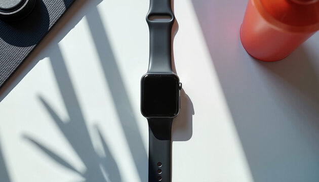 A smartwatch mockup placed on a sunlit table with accessories, highlighting the display and sleek design. Ideal for showcasing apps, wearable tech features, or health and fitness branding - Powered by Adobe