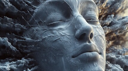 An abstract portrayal of a tranquil woman's face created using stone-like textures, representing calmness and the connection between nature and humanity.