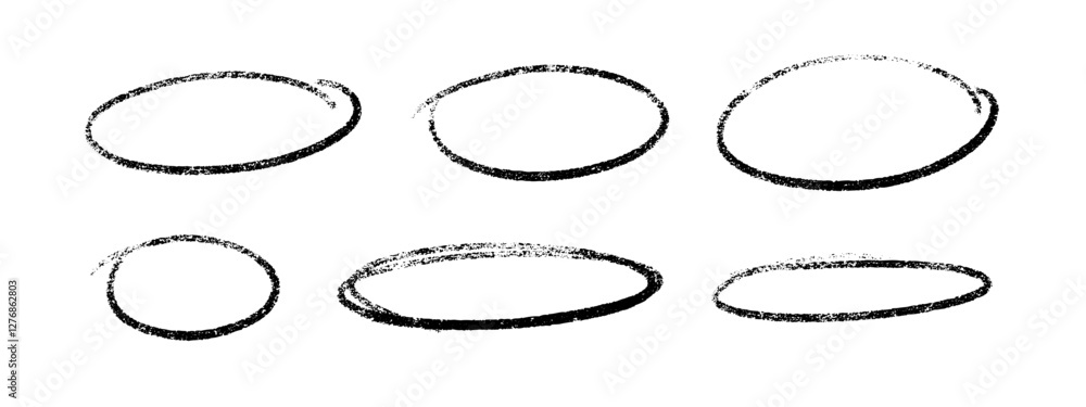 Poster crayon highlight black oval shapes collection with rough stroke effect. textured circular frames on 