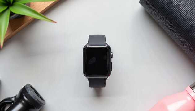 A smartwatch mockup paired with workout accessories on a bright desk. The combination of fitness tools and tech highlights the versatility of wearable devices for health tracking and productivity.