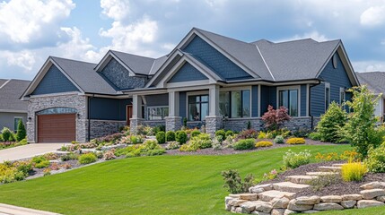 Stylish blue home with landscaping in a neighborhood on a sunny day.  Possible use Real estate, home design