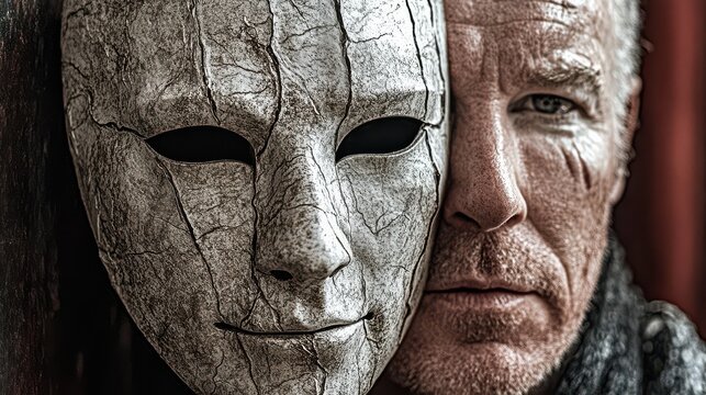 The image portrays a man half-hidden behind a cracked mask, evoking themes of identity, secrecy, and the duality present in human emotions and artistic expression.