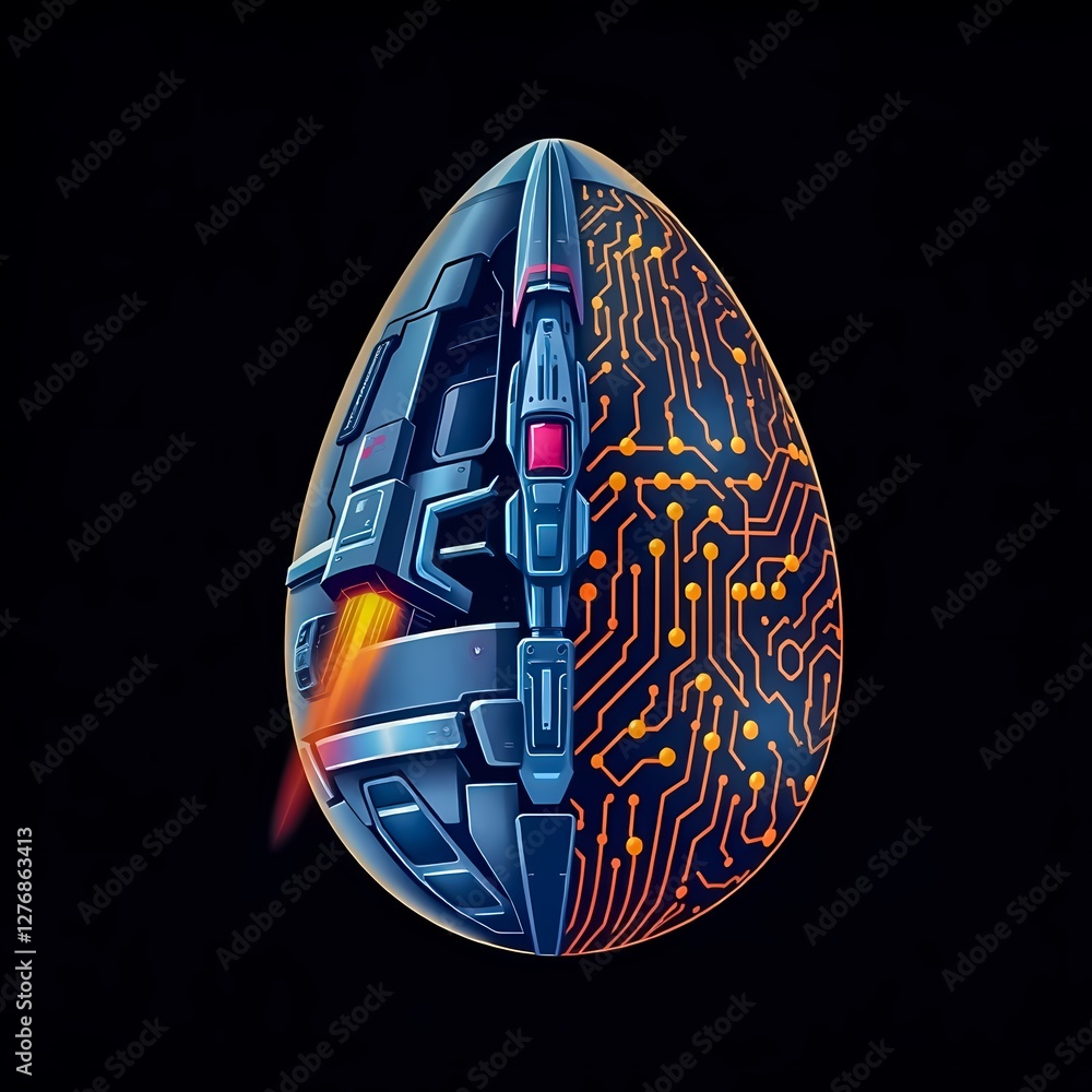 Aufkleber futuristic egg design featuring a spaceship and circuit patterns against a dark background. generati