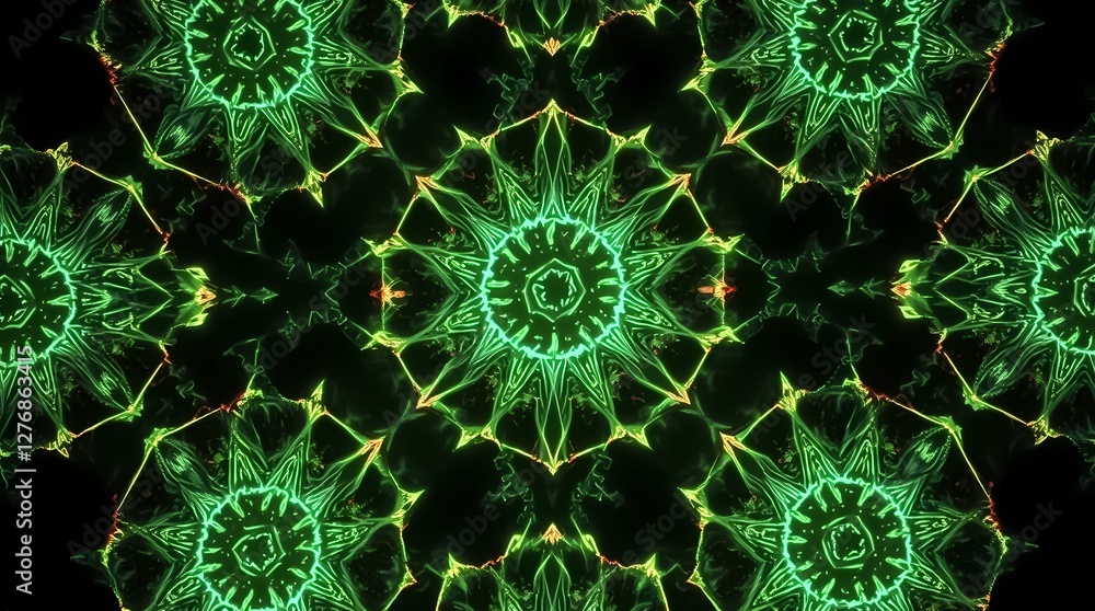 Poster vibrant abstract patterns in green and yellow radiating from a central point against a dark backgrou
