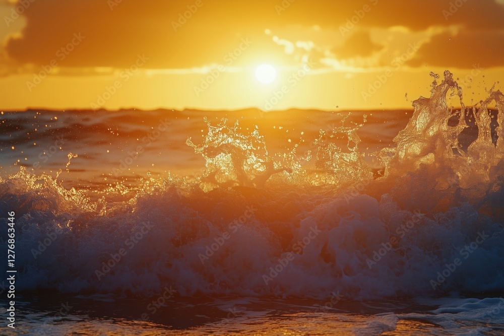 Poster sunset waves create a shimmering display along the oceans shoreline during evening hours