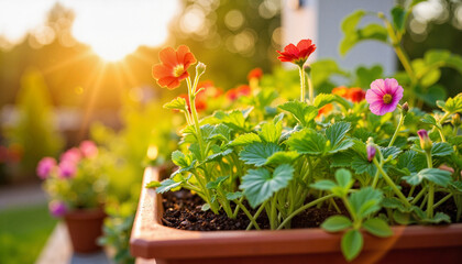 Nasturtium seedlings bask in sunset glow, vibrant gardening bliss