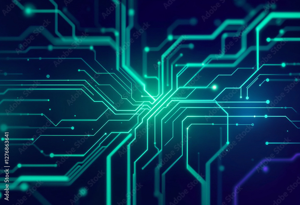 Poster futuristic circuit board background with glowing neon blue technology lines creating a modern digita