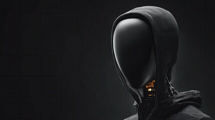 This striking image depicts a hooded figure revealing a robotic torso, merging human and machine in an exploration of identity and the future of humanity's evolution.