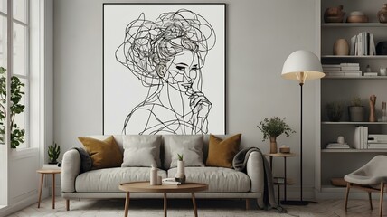 Modern Minimalist Line Art Portrait in Elegant Interior Setting