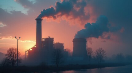 Obraz premium Hauntingly Beautiful Industrial Plant Dawn